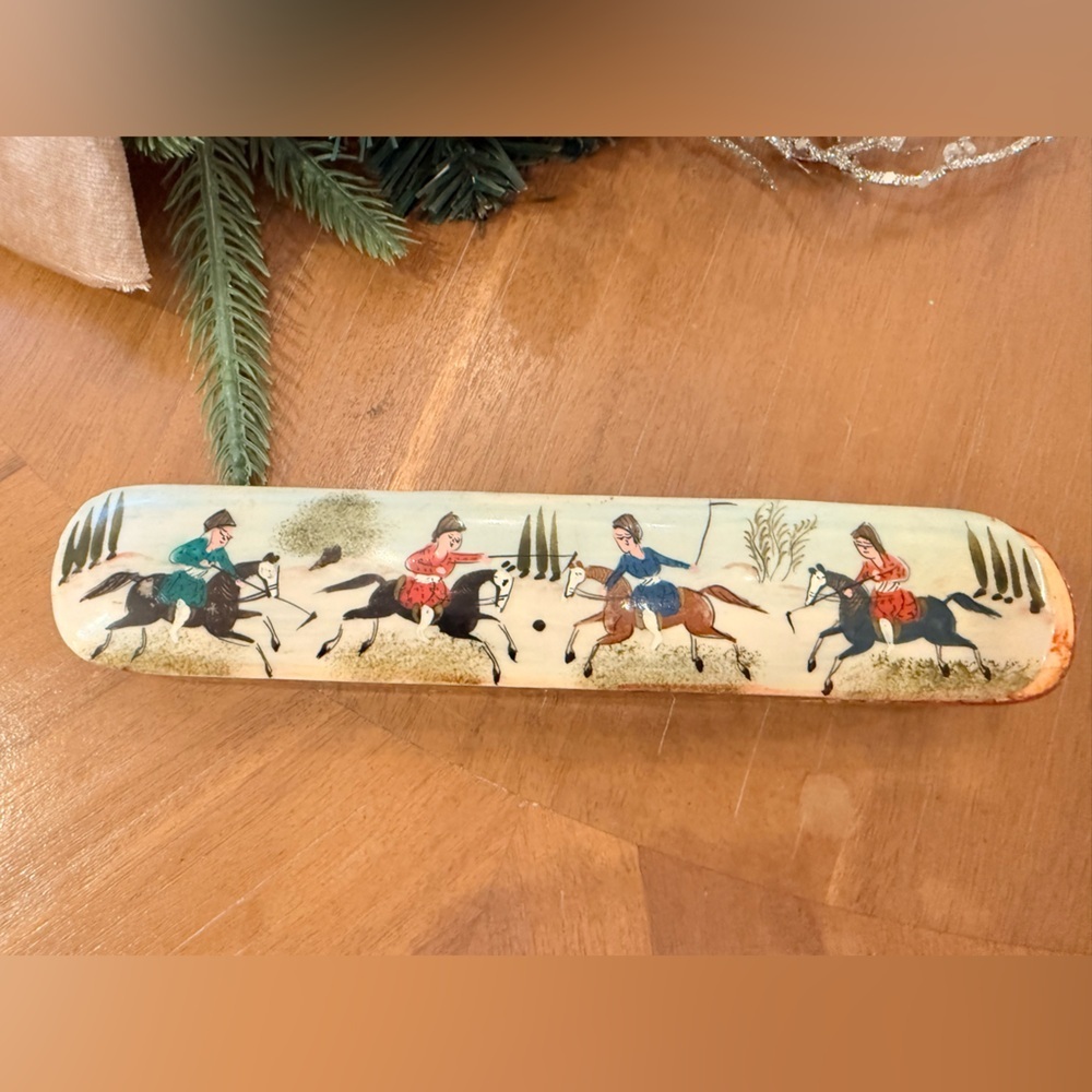 Vintage Hand Painted Middle Eastern Marquetry
Pencil Box - Horse and Riders
